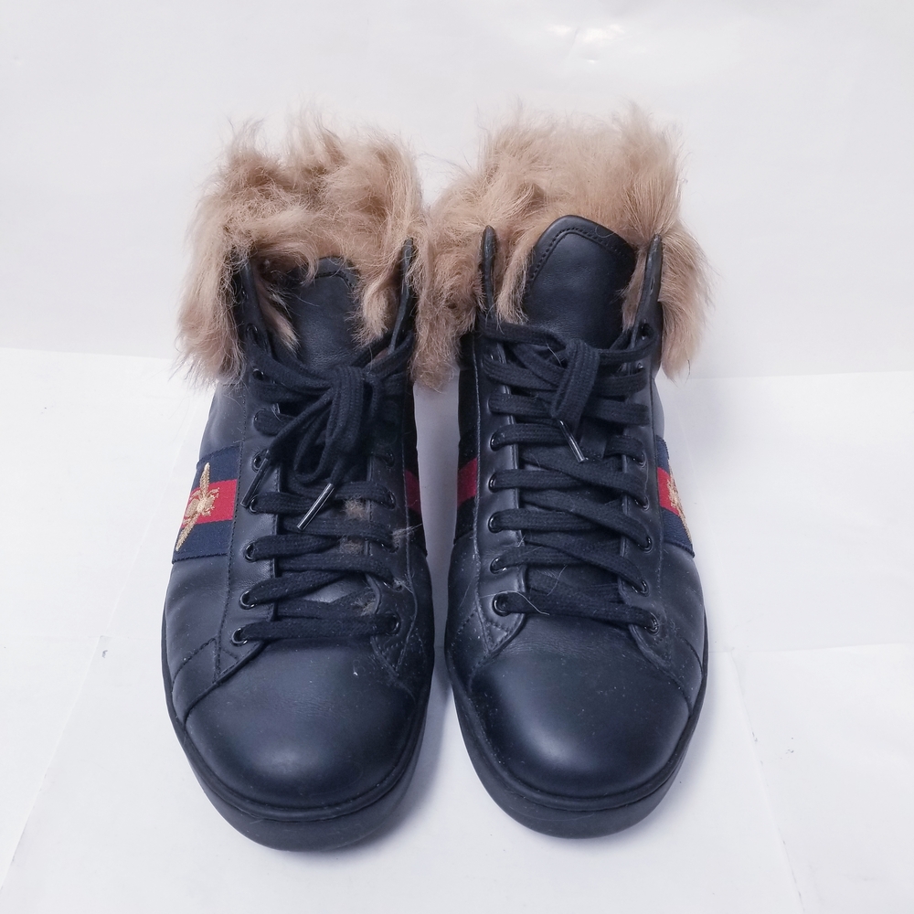 Gucci Black Sneakers with Fur and Red Stripe - Picture 5 of 6